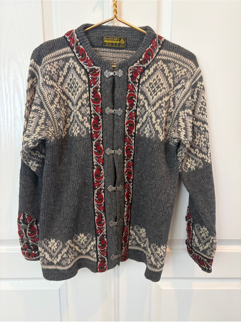Vintage Wool Norwegian Unisex Cardigan Sweater with Red tapestry Trim